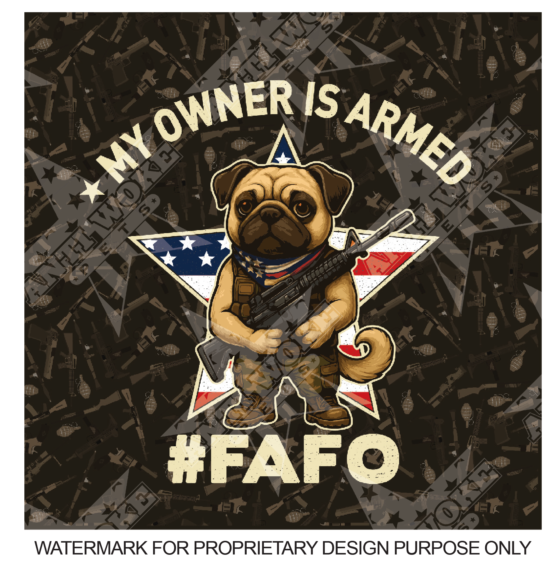 Pug- Gun Pattern Medium- My Owner Is Armed- Star Flag- Anti Woke Pets - Big Dog's Tank Top